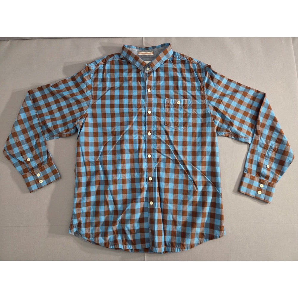 Tommy Bahama Shirt Mens Large Blue Brown Check Pattern Island Crafted Modern Fit
